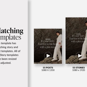 May include: A mockup of a social media post and story template with a person wearing white clothing standing on a rock. The text reads "Remember, it's your story. Feel free to hit them with a plot twist." The post is 1080 x 1350 pixels and the story is 1080 x 1920 pixels.