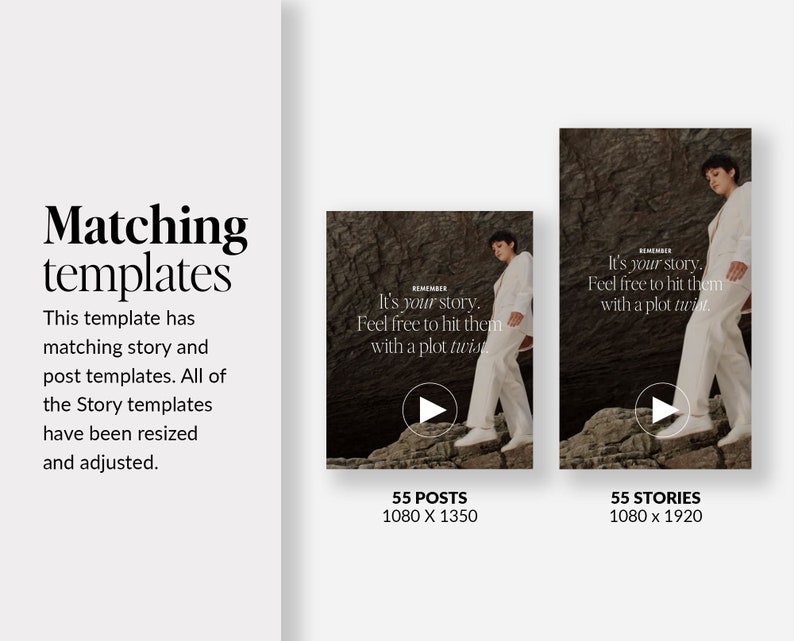 May include: A mockup of a social media post and story template with a person wearing white clothing standing on a rock. The text reads "Remember, it's your story. Feel free to hit them with a plot twist." The post is 1080 x 1350 pixels and the story is 1080 x 1920 pixels.