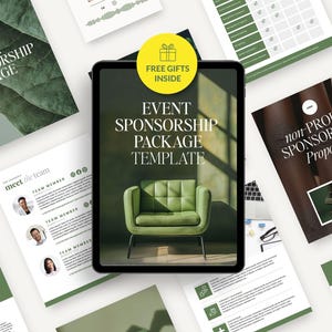 Può includere: Un tablet digitale che mostra un modello di pacchetto di sponsorizzazione per eventi con una poltrona verde e il testo "FREE GIFTS INSIDE" e "EVENT SPONSORSHIP PACKAGE TEMPLATE" circondato da varie pagine di documenti con accenti verdi.