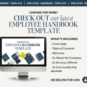 May include: A computer monitor shows an "Employee Handbook Template" with a list of included items: cover page, table of contents, welcome, and more. The text "Check out our latest Employee Handbook Template" is displayed above the monitor.