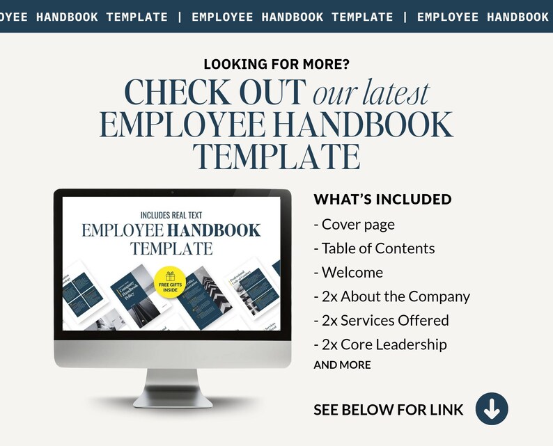 May include: A computer monitor shows an "Employee Handbook Template" with a list of included items: cover page, table of contents, welcome, and more. The text "Check out our latest Employee Handbook Template" is displayed above the monitor.