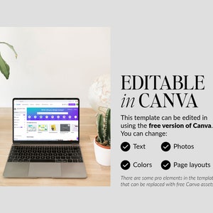 May include: A laptop showing a Canva template on a wooden desk, with the text "EDITABLE in CANVA." The template is editable using the free version of Canva. A globe, a cactus, and a plant are also visible in the image.