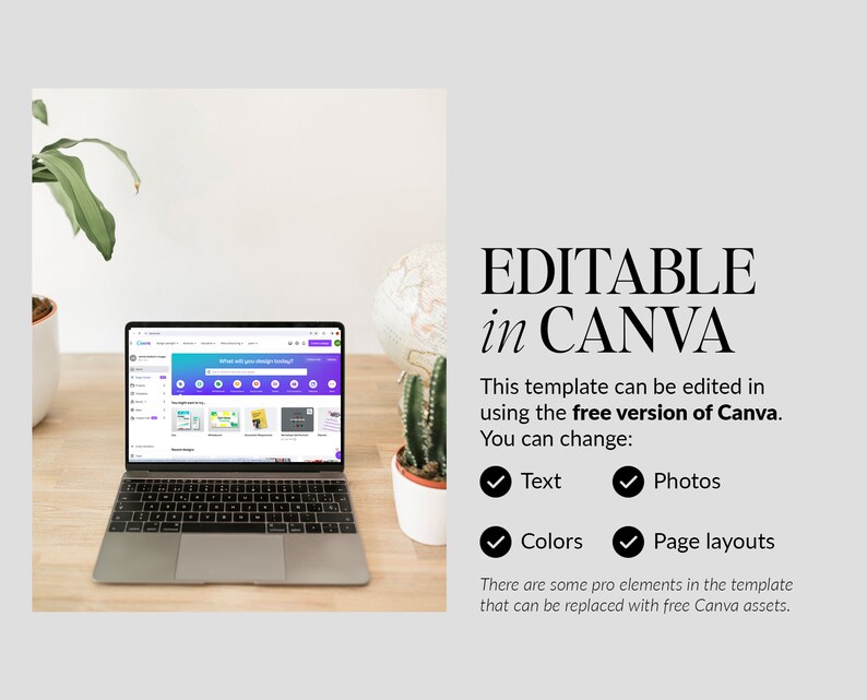 May include: A laptop showing a Canva template on a wooden desk, with the text "EDITABLE in CANVA." The template is editable using the free version of Canva. A globe, a cactus, and a plant are also visible in the image.
