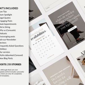 May include: A set of 55 social media post templates for lawyers and legal professionals. The templates include a variety of topics, such as law tips, team spotlights, legal quotes, engaging posts, book appointments, and more. The templates are designed to help lawyers grow their online presence and connect with potential clients.