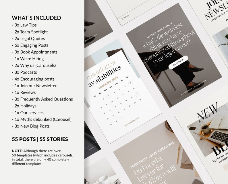 May include: A set of 55 social media post templates for lawyers and legal professionals. The templates include a variety of topics, such as law tips, team spotlights, legal quotes, engaging posts, book appointments, and more. The templates are designed to help lawyers grow their online presence and connect with potential clients.