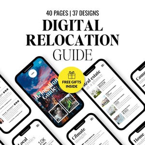 May include: A digital relocation guide with 40 pages and 37 designs, shown on several smartphones. The guide provides information on real estate, climate, and community insights. A yellow circle with "FREE GIFTS INSIDE" is also present.