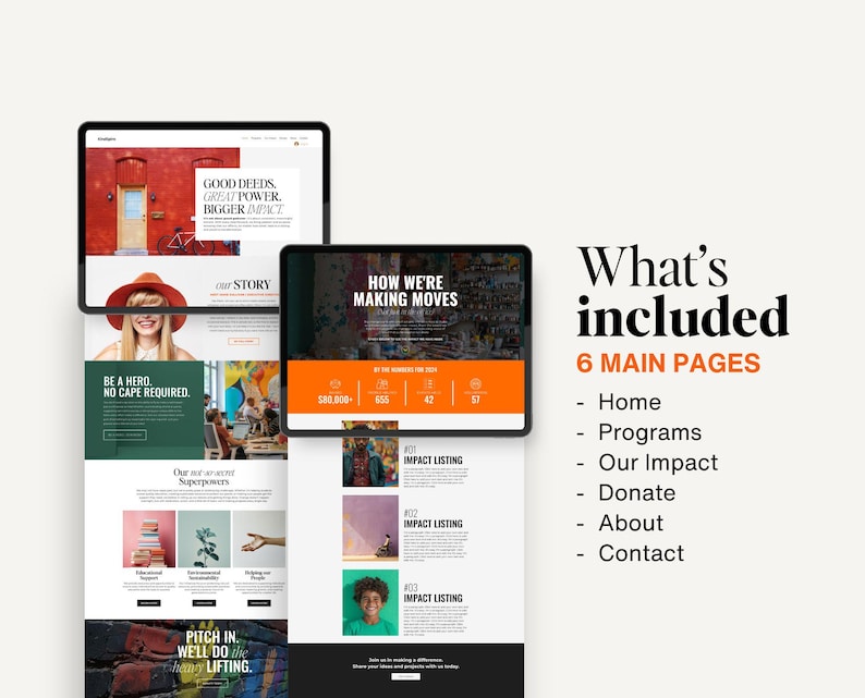 May include: Website mockup for a non-profit organization. The website features a red brick wall background, a green background with the text "Be a hero. No cape required." and a black background with the text "How we're making moves". The website also includes a section with impact listings.