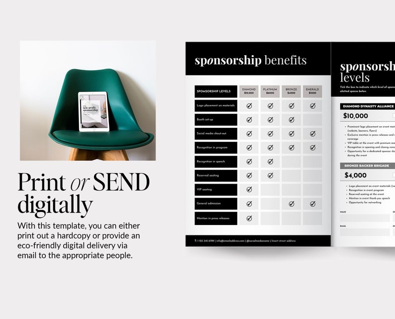 May include: A sponsorship benefits chart outlining different levels of sponsorship, including Diamond Dynasty Alliance, Bronze Backer Brigade, Platinum, Emerald, and Bronze. The chart lists benefits for each level, such as logo placement, booth set-up, social media shout-out, recognition in the programme, reserved seating, VIP seating, and general admission.