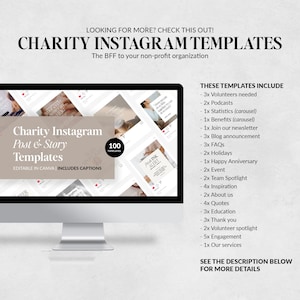 May include: A computer screen displaying a mockup of 100 social media post and story templates for non-profit organisations. The templates are designed for use on Instagram and include captions. The text on the screen reads "Charity Instagram Post & Story Templates".