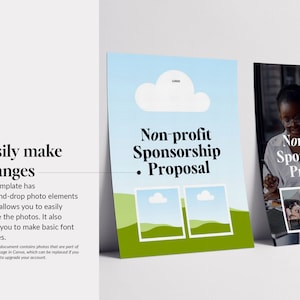 May include: A template for a non-profit sponsorship proposal with a green and blue colour scheme. The template includes a logo placeholder, space for photos, and the text "Non-profit Sponsorship Proposal".