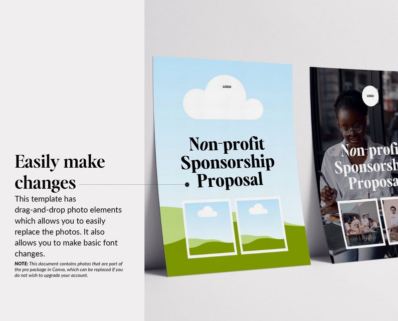 May include: A template for a non-profit sponsorship proposal with a green and blue colour scheme. The template includes a logo placeholder, space for photos, and the text "Non-profit Sponsorship Proposal".