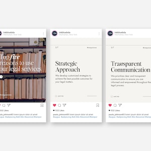 May include: Three Instagram posts with a white background and black text. The first post has a photo of a bookshelf with books. The text reads "Top five reasons to use our legal services". The second post has text that reads "Strategic Approach. We develop customized strategies to achieve the best possible outcomes for your legal matters.". The third post has text that reads "Transparent Communication. We prioritize clear and transparent communication to ensure you are informed and empowered throughout the legal process."
