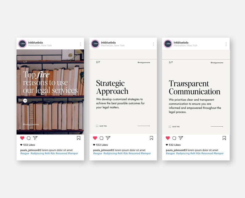 May include: Three Instagram posts with a white background and black text. The first post has a photo of a bookshelf with books. The text reads "Top five reasons to use our legal services". The second post has text that reads "Strategic Approach. We develop customized strategies to achieve the best possible outcomes for your legal matters.". The third post has text that reads "Transparent Communication. We prioritize clear and transparent communication to ensure you are informed and empowered throughout the legal process."