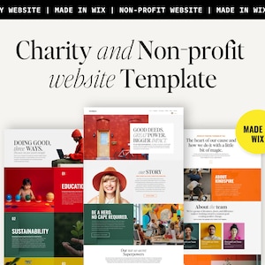 Op de afbeelding: Een website-sjabloon voor liefdadigheidsorganisaties en non-profitorganisaties. Het sjabloon heeft een kleurrijk ontwerp met afbeeldingen van mensen en tekst die de missie en waarden van de organisatie benadrukt. De tekst bevat "Goed doen, op drie manieren." en "Goede daden, grote kracht, grotere impact."