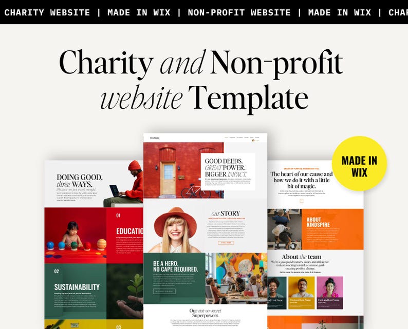 May include: A website template for charities and non-profits. The template features a colorful design with images of people and text that highlights the organization's mission and values. The text includes "Doing good, three ways." and "Good deeds, great power, bigger impact."
