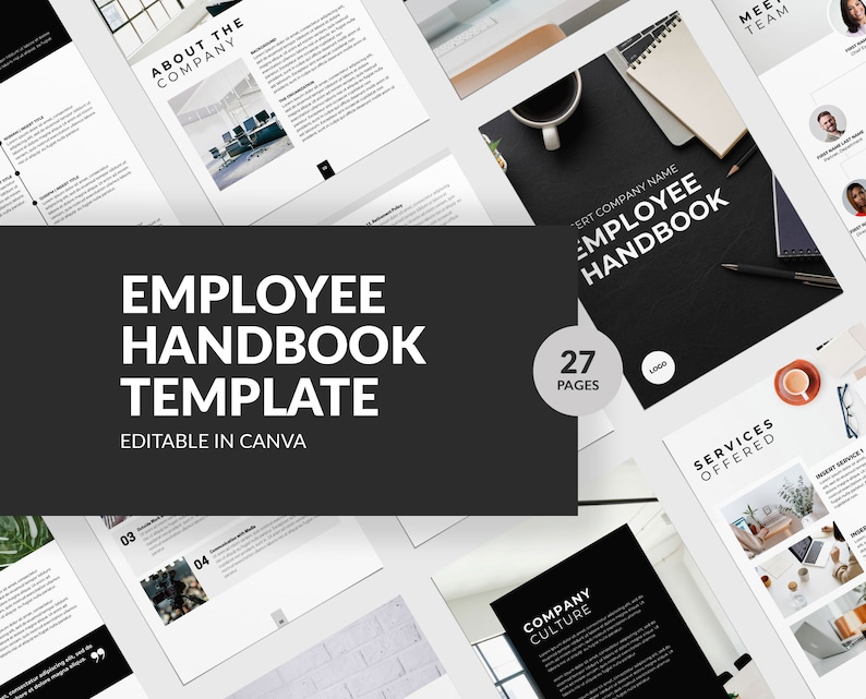May include: An employee handbook template with the title "EMPLOYEE HANDBOOK TEMPLATE" in white text on a black background. The image includes pages with text and images, a notepad, a coffee cup, and the text "EDITABLE IN CANVA".