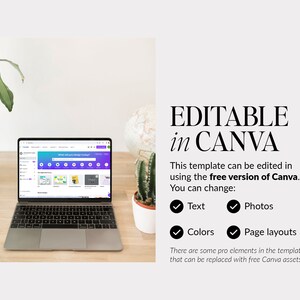 May include: A laptop computer displaying a Canva webpage with the text "EDITABLE in CANVA". The text below explains that the template can be edited in the free version of Canva and lists the elements that can be changed: Text, Photos, Colours, and Page Layouts.