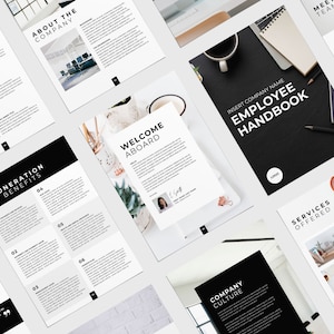 May include: A selection of business documents, including an employee handbook, company culture guide, and welcome aboard packet. The documents feature a minimalist design with black and white layouts, text, and images. The handbook is on a black surface.