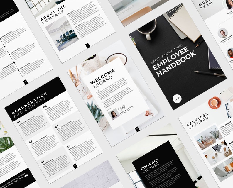 May include: A selection of business documents, including an employee handbook, company culture guide, and welcome aboard packet. The documents feature a minimalist design with black and white layouts, text, and images. The handbook is on a black surface.