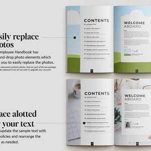 May include: An open Employee Handbook mockup with the text "CONTENTS" and "WELCOME ABOARD" on facing pages. The handbook has a clean, modern design with space for photos and text. The image also includes text that says "Easily replace photos" and "Space allotted for your text".