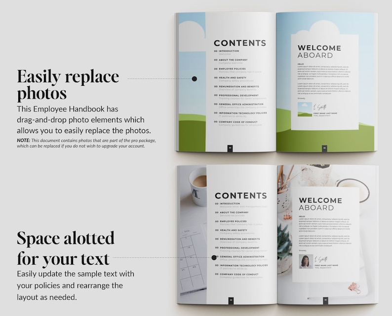 May include: An open Employee Handbook mockup with the text "CONTENTS" and "WELCOME ABOARD" on facing pages. The handbook has a clean, modern design with space for photos and text. The image also includes text that says "Easily replace photos" and "Space allotted for your text".