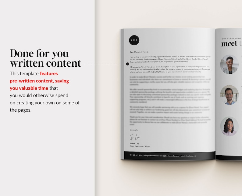 May include: A magazine page featuring a letter requesting support for an event. The letter is addressed to "Dear [Recipient Name]" and includes the organisation name, event name, and the date and time of the event. The page also features a photograph of a woman with a diverse background, smiling and looking at the camera.