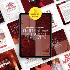 Puede incluir: Una tableta digital que muestra una colección de más de 90 páginas de plantillas para propuestas de organizadores de eventos y diseños de Instagram. La pantalla presenta una paleta de color rojo intenso con texto blanco y gráficos.