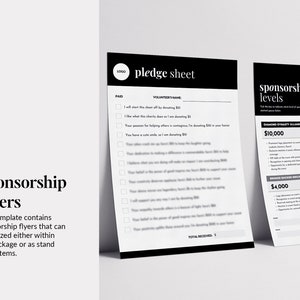 May include: Two black and white printable sponsorship flyers. The first flyer is a pledge sheet with a checklist and a space for a volunteer's name and total amount received. The second flyer lists sponsorship levels with descriptions and pound sterling amounts: Diamond Dynasty Alliance (&pound;10,000), Platinum Patron (&pound;6,000), Bronze Backer Brigade (&pound;4,000), and Emerald Enhancer (&pound;1,000).