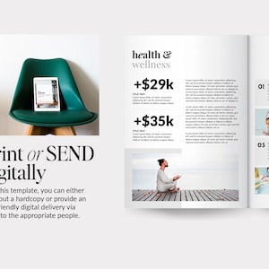 May include: A digital brochure template featuring a dark green chair with a tablet displaying a report, alongside a two-page layout titled health & wellness with text, numerical data, and photographs of a person meditating on a wooden deck.