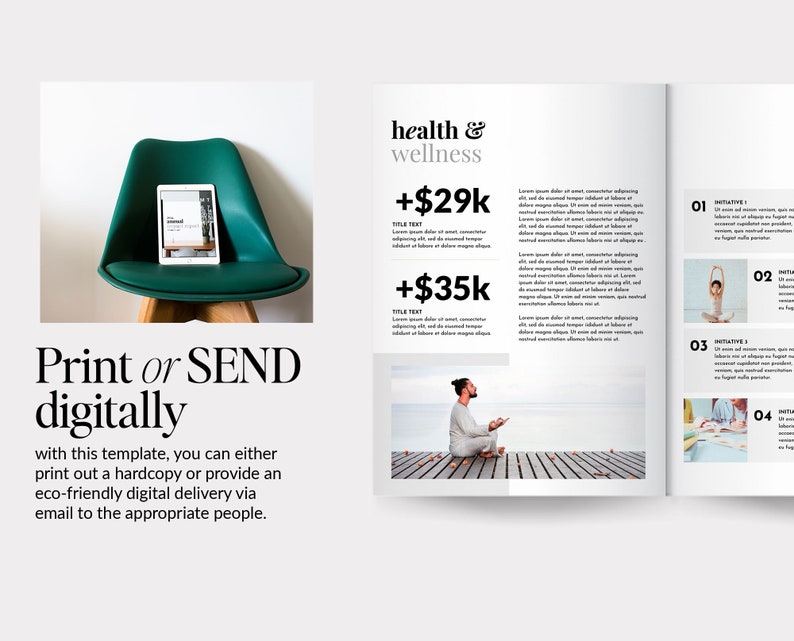 May include: A digital brochure template featuring a dark green chair with a tablet displaying a report, alongside a two-page layout titled health & wellness with text, numerical data, and photographs of a person meditating on a wooden deck.