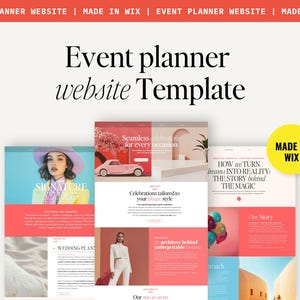 Può includere: Un modello di sito web per organizzatori di eventi con un design pulito e moderno. Il sito web presenta una varietà di layout, tra cui sezioni per servizi, piani di matrimonio e una pagina di storia. La combinazione di colori è principalmente corallo, bianco e azzurro. Il testo "Event planner website Template" è visualizzato in modo prominente.