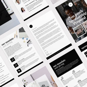 May include: A black and white sponsorship proposal template with the title "Non-profit Sponsorship Proposal". The template includes sections for "Our Mandate and Giving", "Sponsorship Levels", and "Sponsorship Benefits".