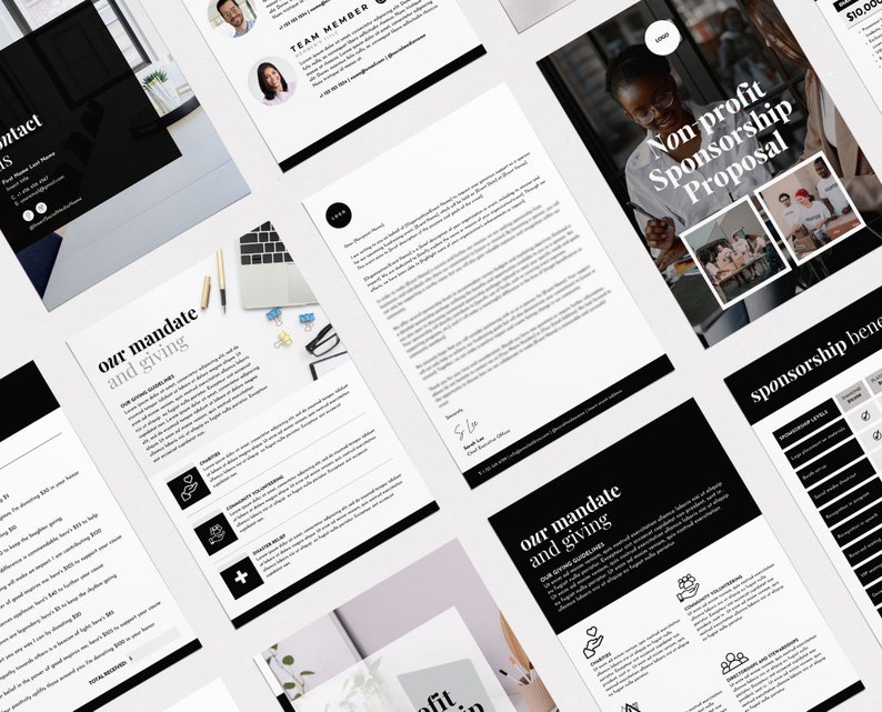 May include: A black and white sponsorship proposal template with the title "Non-profit Sponsorship Proposal". The template includes sections for "Our Mandate and Giving", "Sponsorship Levels", and "Sponsorship Benefits".
