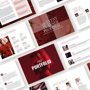 May include: A collection of marketing materials with a red and white color scheme. The materials include the text "the EVENT PLANNER PROPOSAL" and "OUR PORTFOLIO". The image also includes the text "OUR core SERVICES" and "MEET the TEAM".