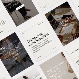 May include: A collage of images promoting a law firm. The images feature text such as "Hug your lawyer friends", "Transparent Communication", "We're Hiring", and "New Blog Post: Legal Tech Trends".