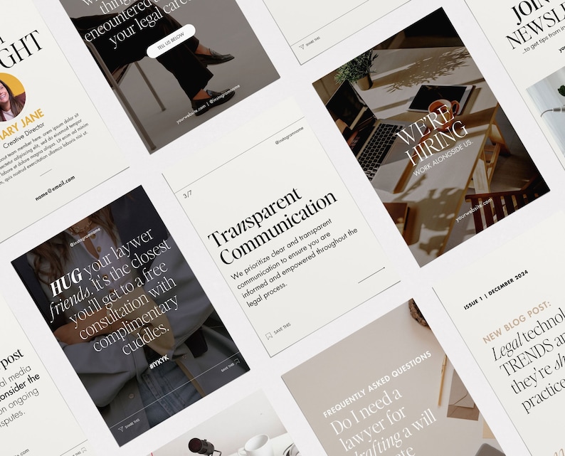 May include: A collage of images promoting a law firm. The images feature text such as "Hug your lawyer friends", "Transparent Communication", "We're Hiring", and "New Blog Post: Legal Tech Trends".