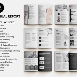 May include: A 20-page annual report template featuring a clean, professional layout with black and white text, charts, and imagery. The document includes sections for a welcome note, board members, executive summary, financial earnings, and future plans.