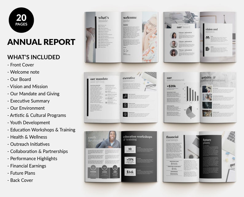May include: A 20-page annual report template featuring a clean, professional layout with black and white text, charts, and imagery. The document includes sections for a welcome note, board members, executive summary, financial earnings, and future plans.