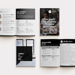 May include: A black and white brochure titled "Non-profit Sponsorship Proposal". The brochure includes details on sponsorship levels, contact information, and a pledge sheet.