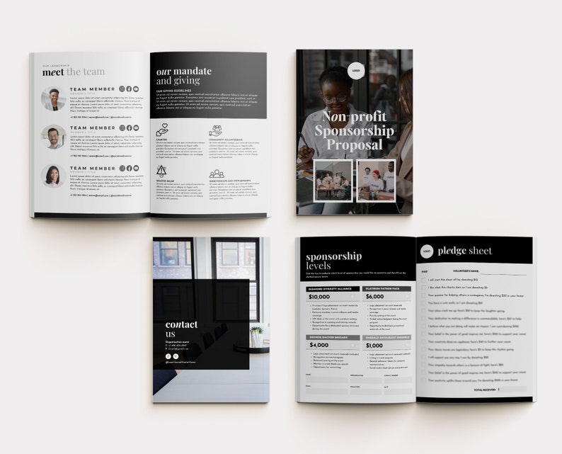 May include: A black and white brochure titled "Non-profit Sponsorship Proposal". The brochure includes details on sponsorship levels, contact information, and a pledge sheet.