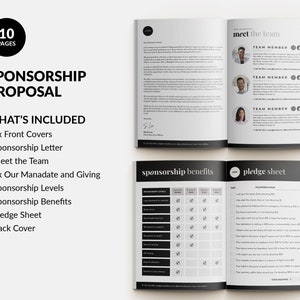 May include: A 10-page sponsorship proposal document template featuring black and white layouts. The pages include a sponsorship letter, a meet the team section with headshots, a sponsorship benefits grid, and a pledge sheet with lines for donor names.