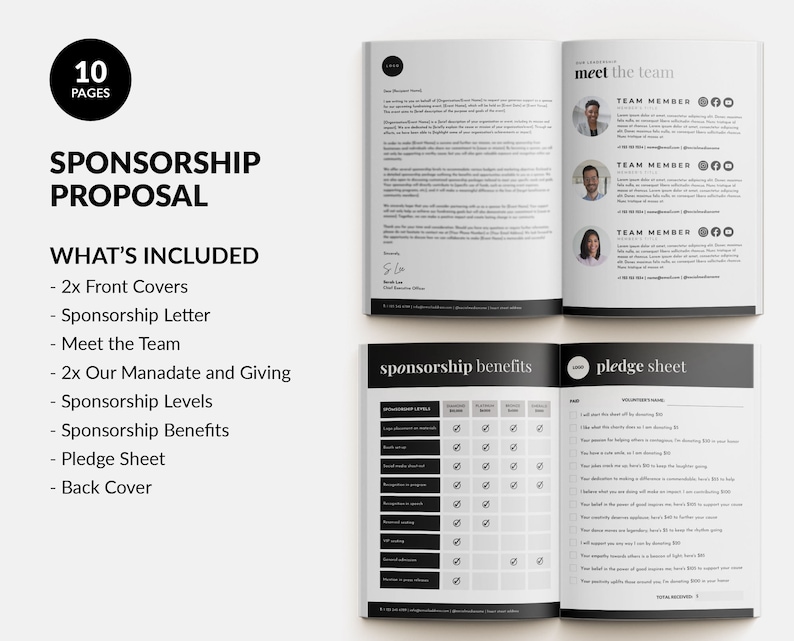 May include: A 10-page sponsorship proposal document template featuring black and white layouts. The pages include a sponsorship letter, a meet the team section with headshots, a sponsorship benefits grid, and a pledge sheet with lines for donor names.