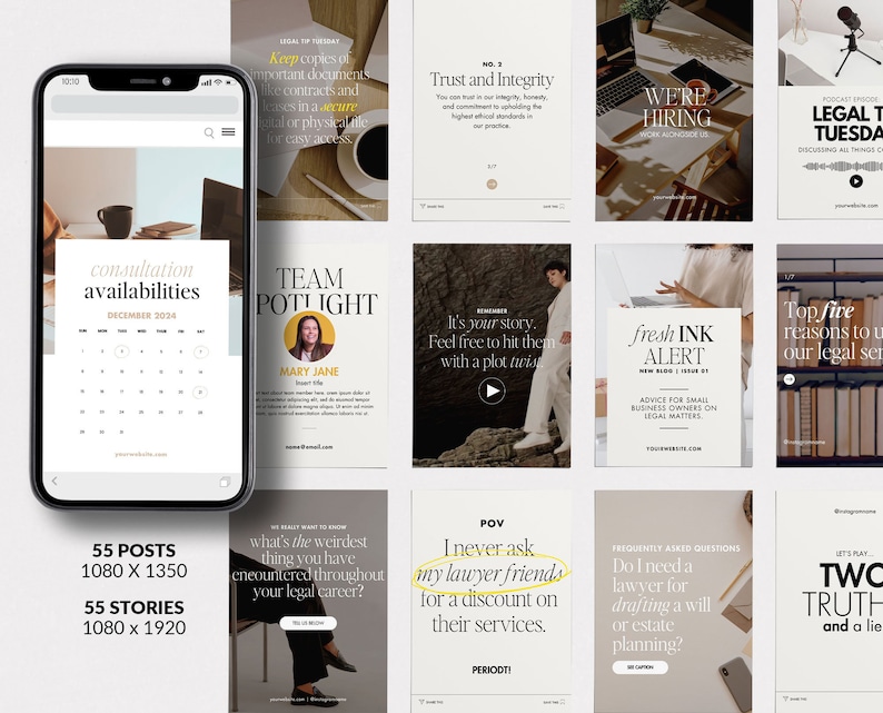 May include: A collage of social media posts for a legal services business. The posts feature a variety of topics, including legal tips, team introductions, and advice for small business owners. The posts are designed to be visually appealing and informative.