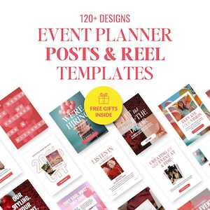 Plantillas de Instagram para organizadores de eventos y bodas en tonos rosa y burdeos, creadas con Canva.