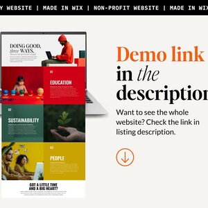 May include: A laptop computer displaying a website with the text "Doing Good, three Ways." The website is divided into three sections: Education, Sustainability, and People. The text "Got a little time and a big heart?" is at the bottom of the website.