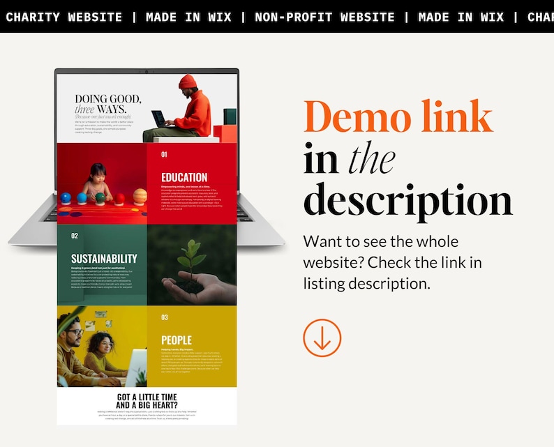 May include: A laptop computer displaying a website with the text "Doing Good, three Ways." The website is divided into three sections: Education, Sustainability, and People. The text "Got a little time and a big heart?" is at the bottom of the website.