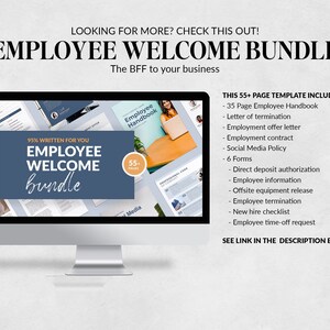 May include: A computer screen shows an "Employee Welcome Bundle" graphic. The bundle includes a 35-page employee handbook, employment contracts, and social media policy templates. Text on the screen reads "95% Written for You". The image also lists additional forms.
