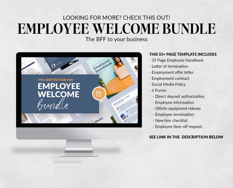 May include: A computer screen shows an "Employee Welcome Bundle" graphic. The bundle includes a 35-page employee handbook, employment contracts, and social media policy templates. Text on the screen reads "95% Written for You". The image also lists additional forms.