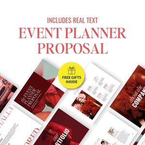 May include: A promotional image for an event planner proposal. The design features a collection of documents with text and images, including a pink car and a woman in a red dress. The text includes "Event Planner Proposal" and "Free Gifts Inside."