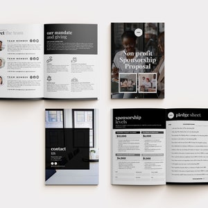 May include: A non-profit sponsorship proposal document set featuring black and white layouts. Pages include a team member list, mandate and giving guidelines, sponsorship levels with dollar amounts, a pledge sheet, and a contact us page.